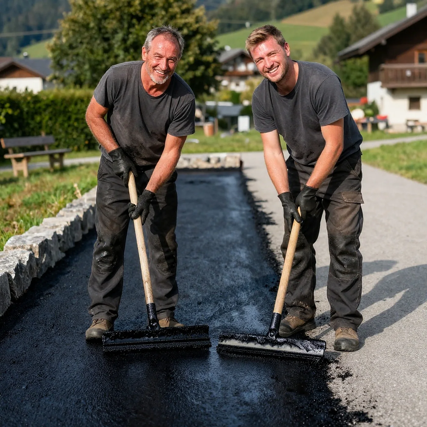 Zwei Handwerker ziehen Bitumenschlämme mit Gummischiebern auf einer Einfahrt auf, links schon tiefschwarz, rechts noch grau